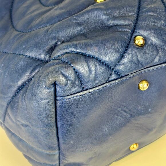 Stuart Weitzman Blue Quilted Shoulder Bag Tote Chain Strap Studded Leather Purse - Picture 15 of 16